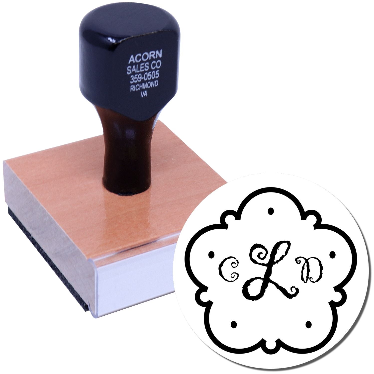 Custom rubber stamp with decorative monogram design for business branding, logos, and address marking