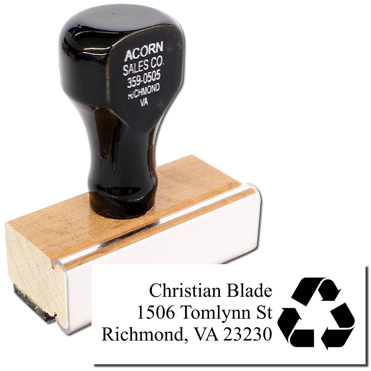 Custom rubber stamp with return address and recycling symbol for Christian Blade in Richmond, VA.