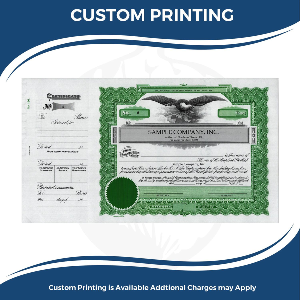Custom printing service banner featuring a sample corporate stock certificate and shares document for share issuance printing.