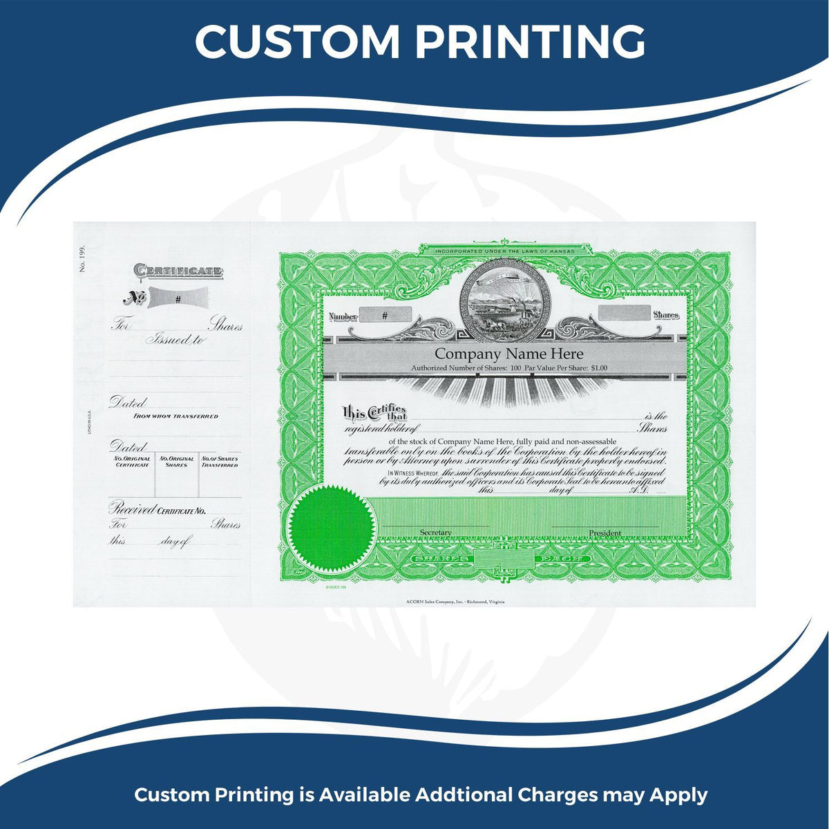 Custom printing stock certificate document with corporate shares design for personalized company share certificates and engraving