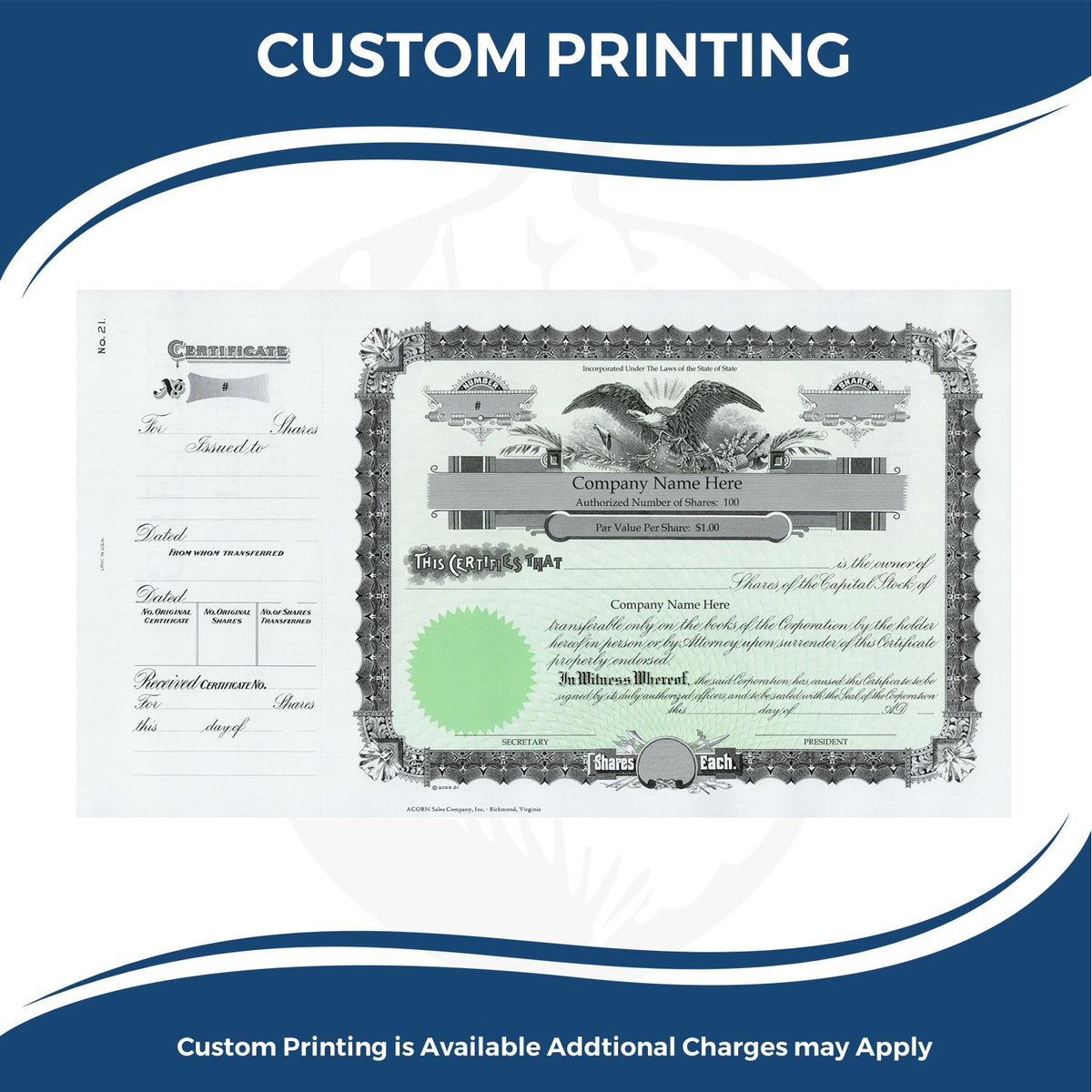 Custom printing certificate of shares for corporate stock, showing customizable company name and authorized number of shares details