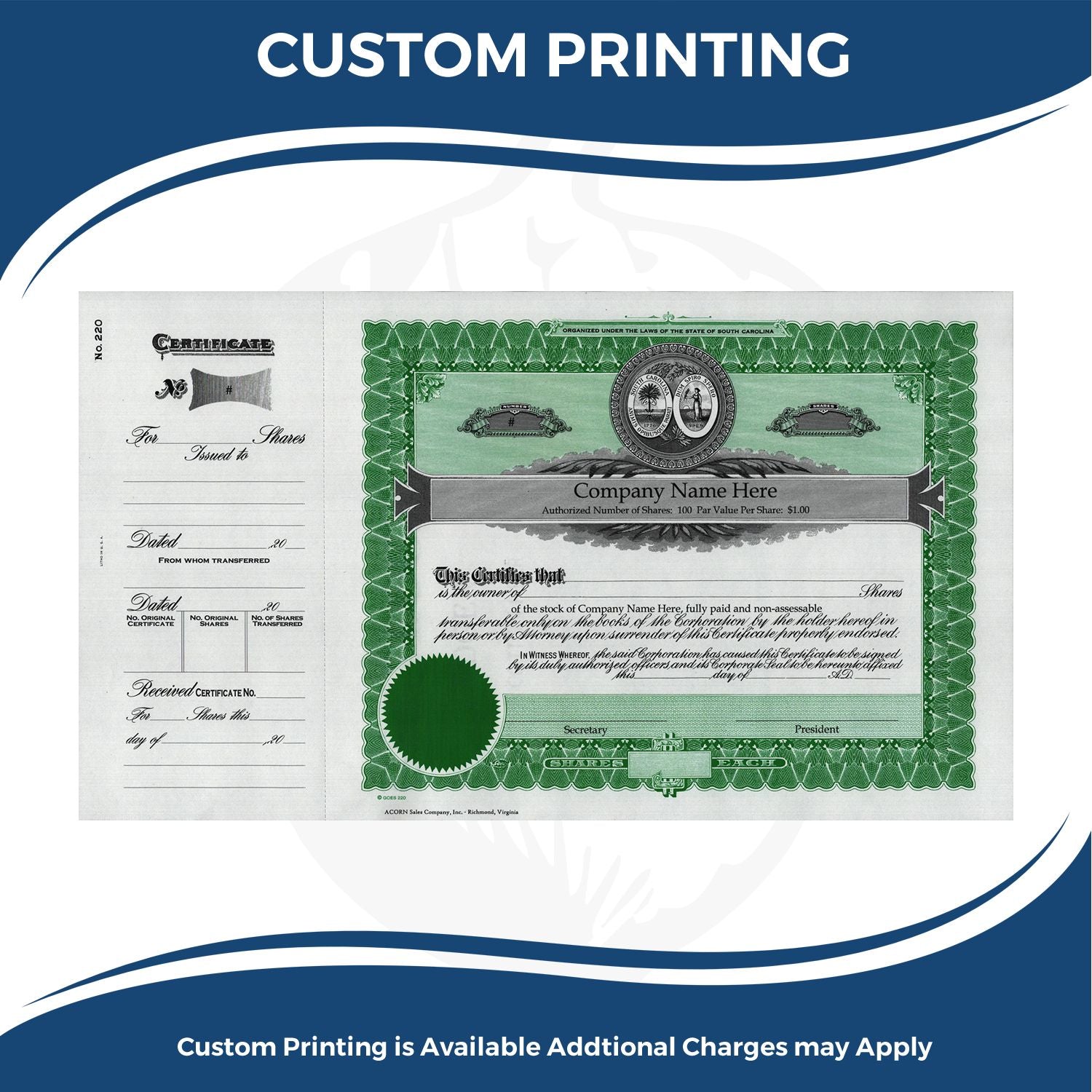 Custom printing of stock certificate template with company name fields and share ownership details for professional branding services