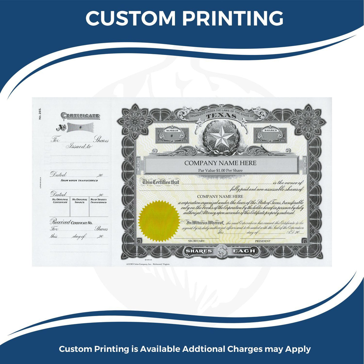 Custom printing banner with a Texas share certificate template for branded stock certificates and equity documents