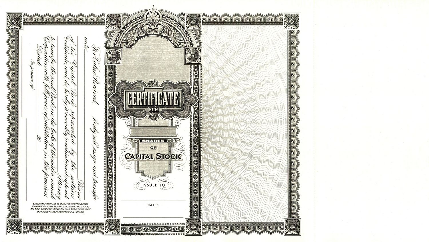 Vintage certificate for capital stock showing issued shares and shareholder fields, illustrating corporate stock ownership paperwork.