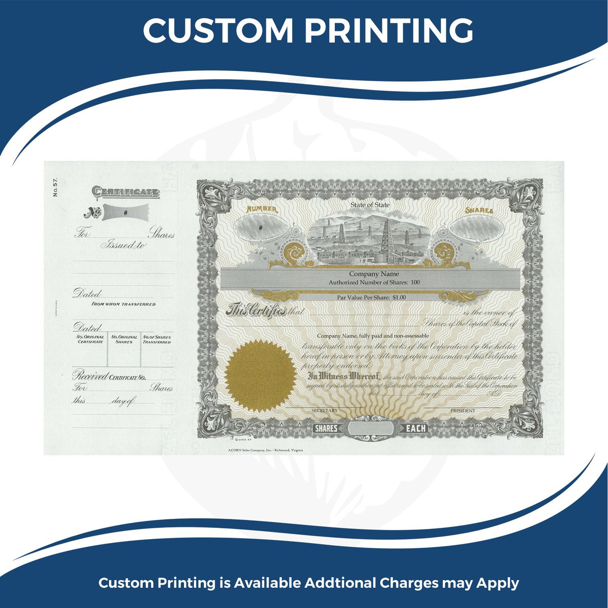 Custom printing sample of ornate stock certificate with shares, company details, and security design for custom certificate printing