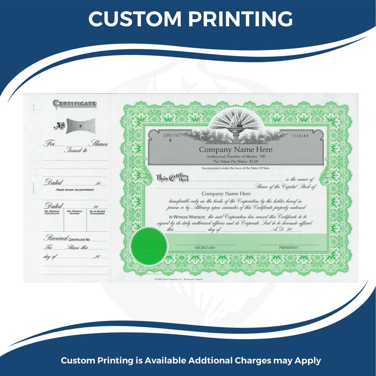 Custom printing services featuring a green stock certificate with company name and sharesprinted certificate of ownership for stock transfer documents.