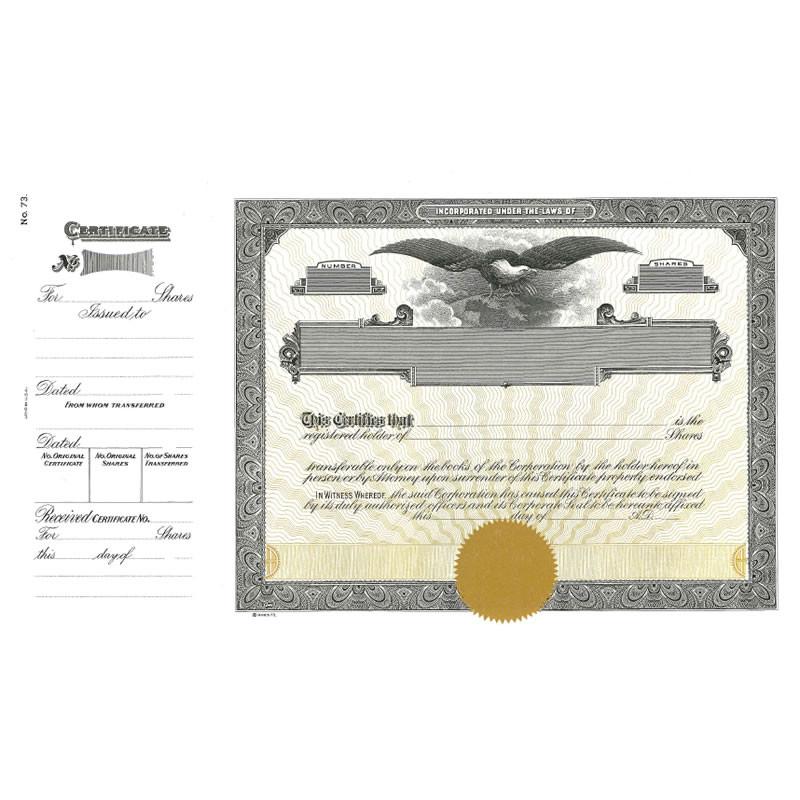 Vintage corporate shares certificate with embossed seal and holder details, documenting stock ownership and transfer rights legally.