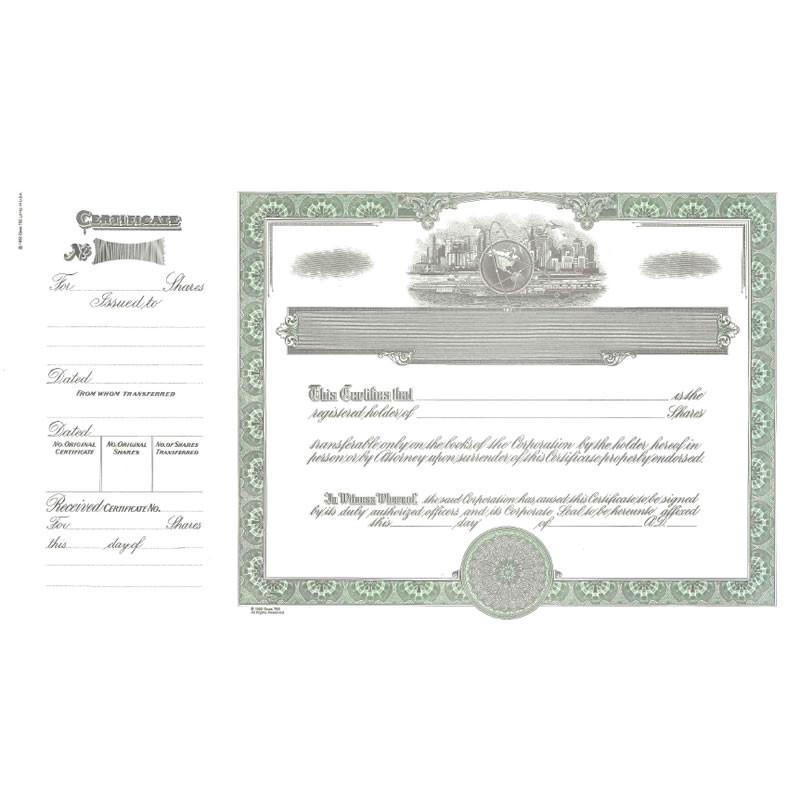 Vintage green stock certificate with ornate border, issued-to name, and shares transfer details