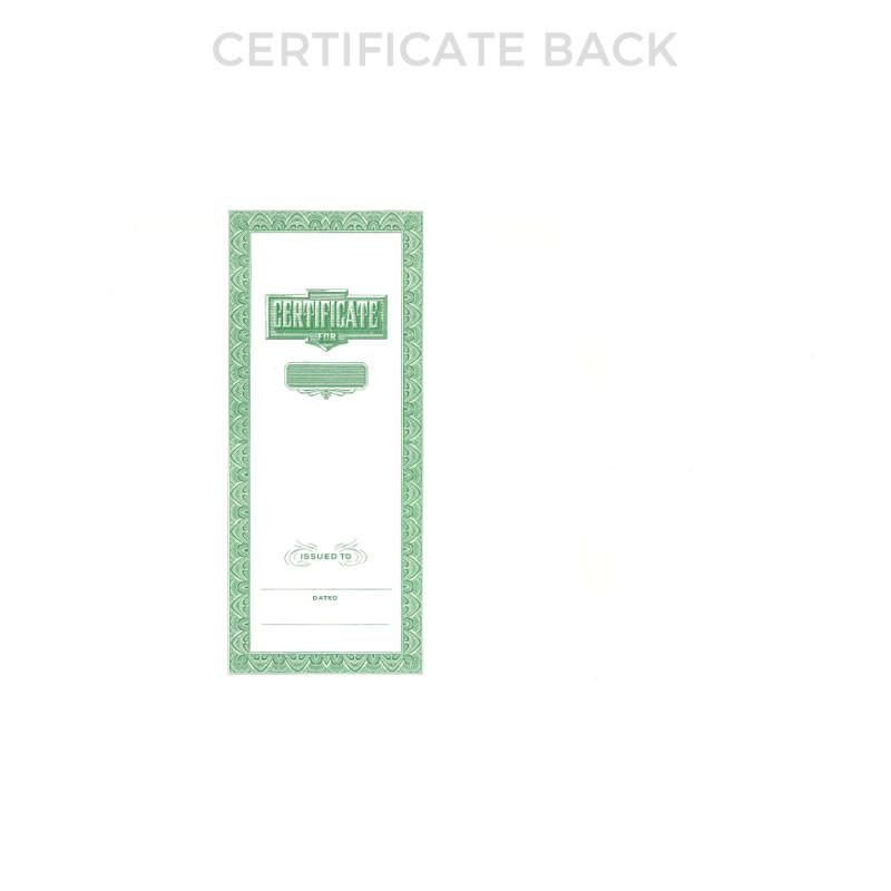 Blank green certificate back template showing Certificate label, issued-to and date fields for official, printable credential documents.