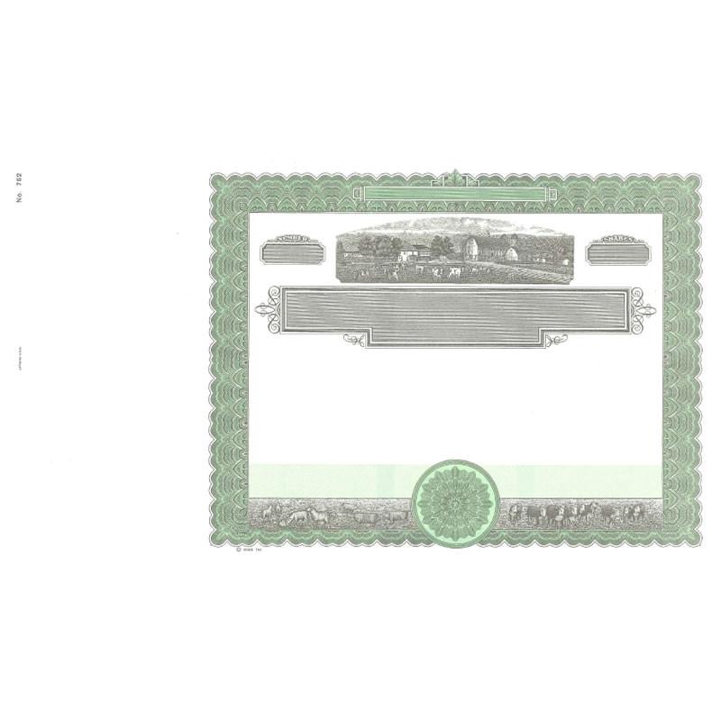 Green banknote-style certificate security design with guilloche border and blank center for authenticity printing or document template