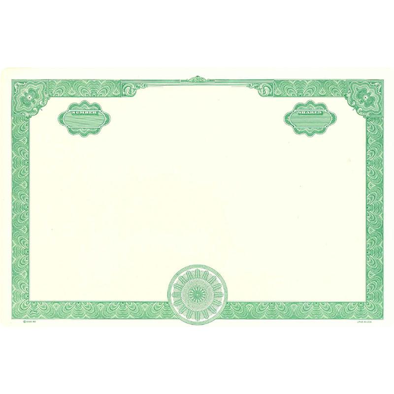 Blank green ornamental certificate or voucher template with decorative border and security seals, ready for custom text