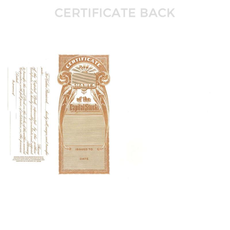 Back side of vintage stock certificate showing Shares of the Capital Stock and issued date for business ownership and records.