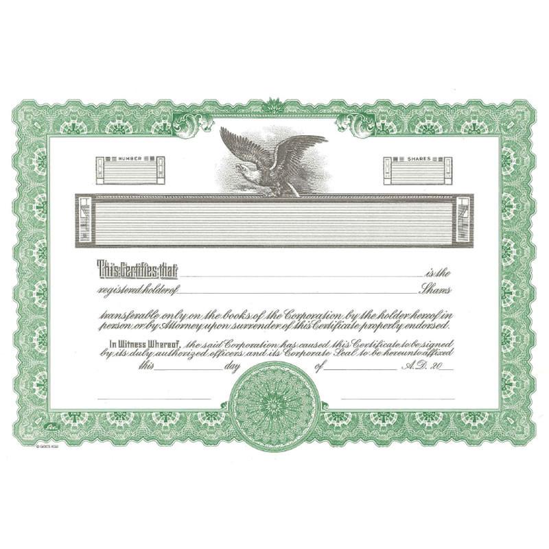 Green corporate stock certificate with eagle emblem, signed shares certificate showing ownership and transfer rights document.