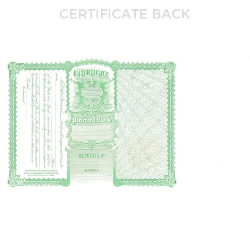 Back side of a preferred stock certificate template with certificate number, issued-to panel, and green security pattern
