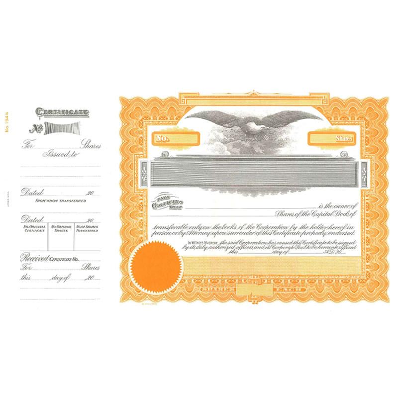 Vintage stock share certificate document with embossed orange border, listing issued shares and owner transfer details.