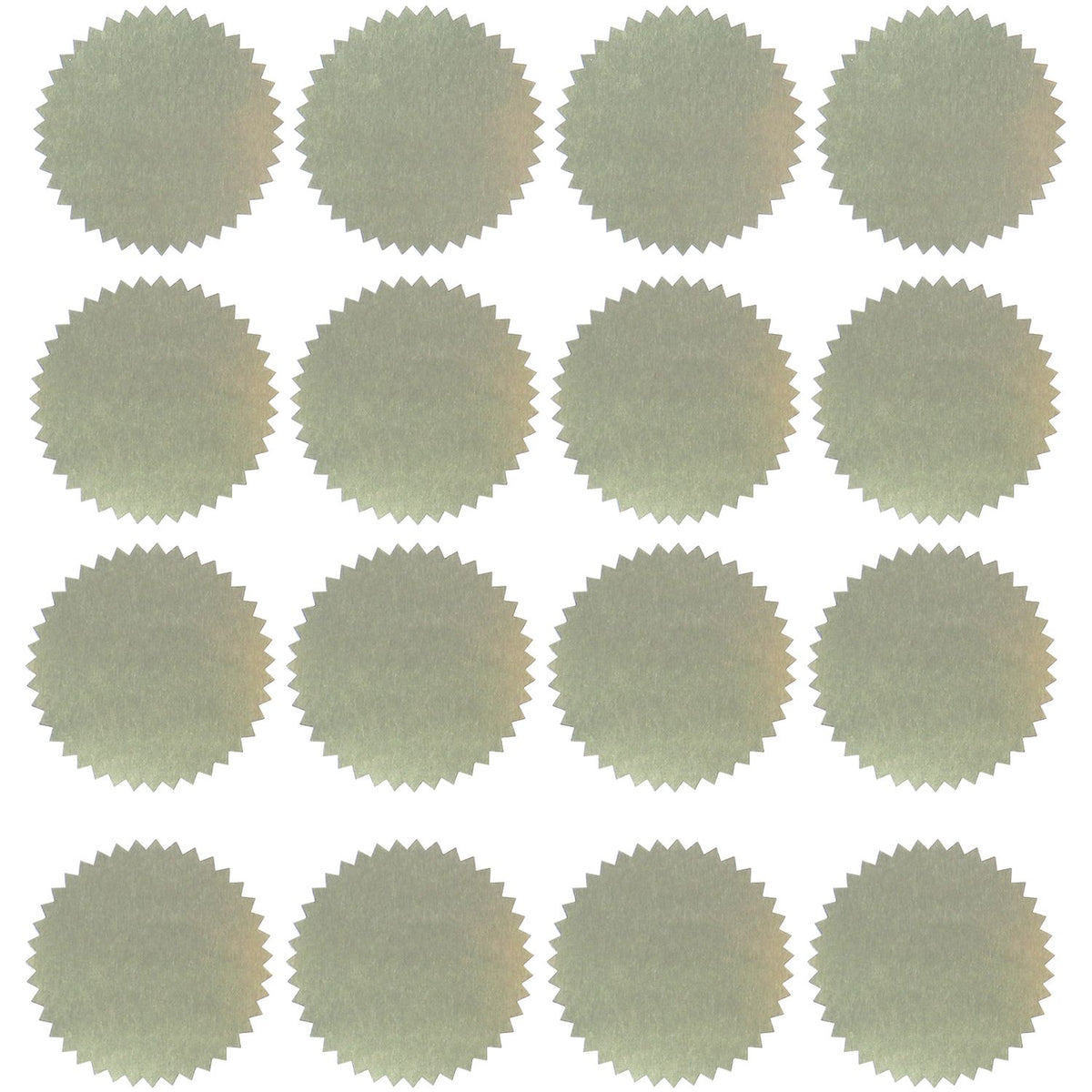 Set of 16 blank light green scalloped round stickers on a white background.