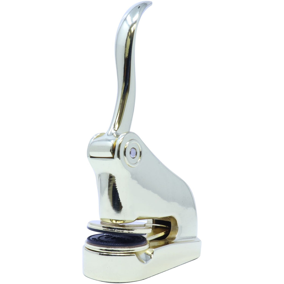 Chrome lever-action bottle cap press tool isolated on white background