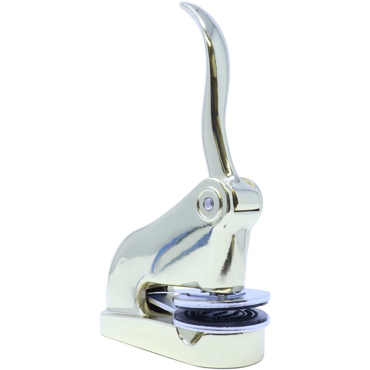 Chrome manual citrus juicer press with lever handle on white background