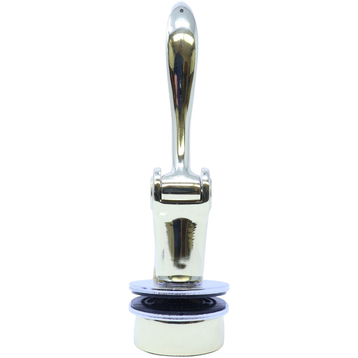 Polished chrome faucet handle isolated on a white background