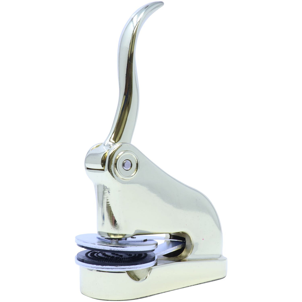 Chrome manual bottle capper with lever handle and rubber sealing base on white background
