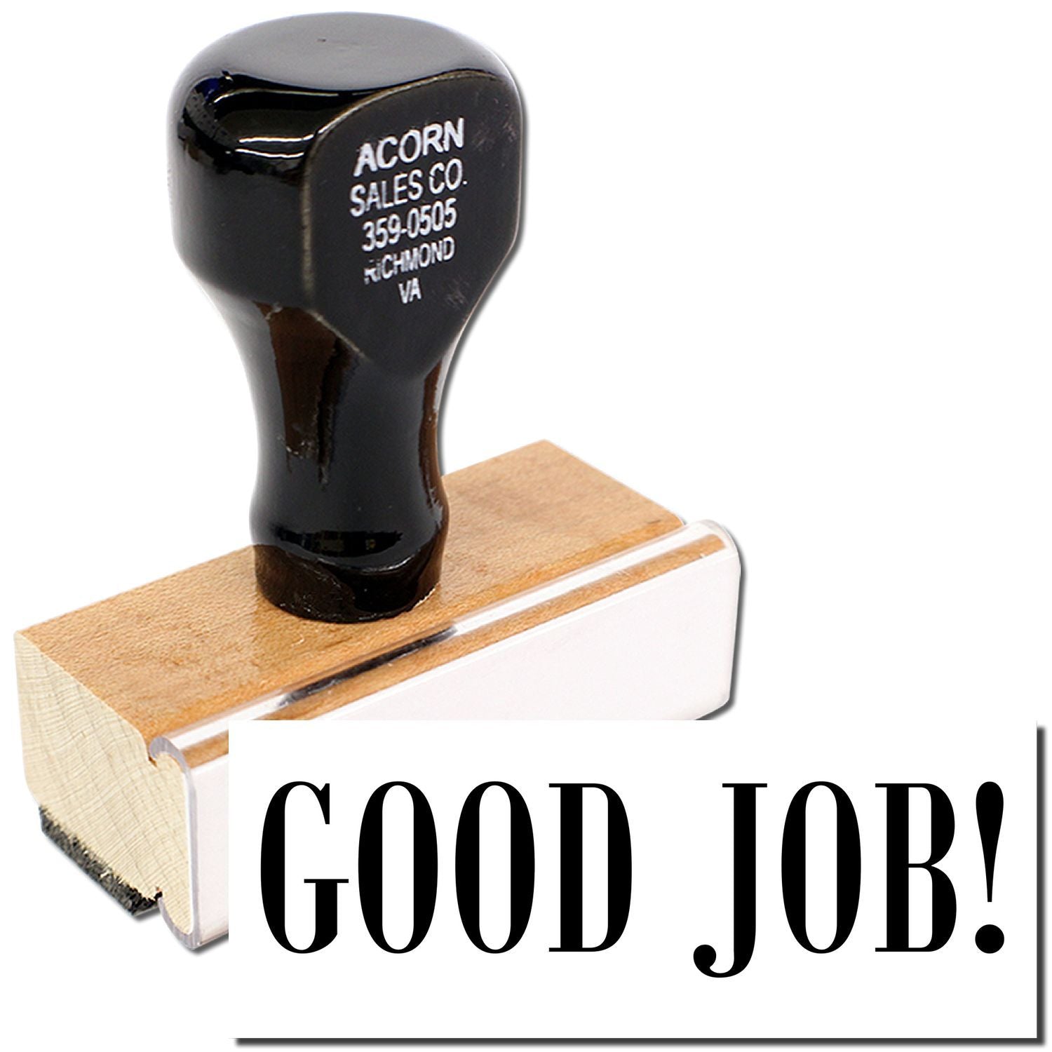 Vintage golf club head on wooden block labeled Acorn Sales Co. 359-0505; image text says GOOD JOB!.