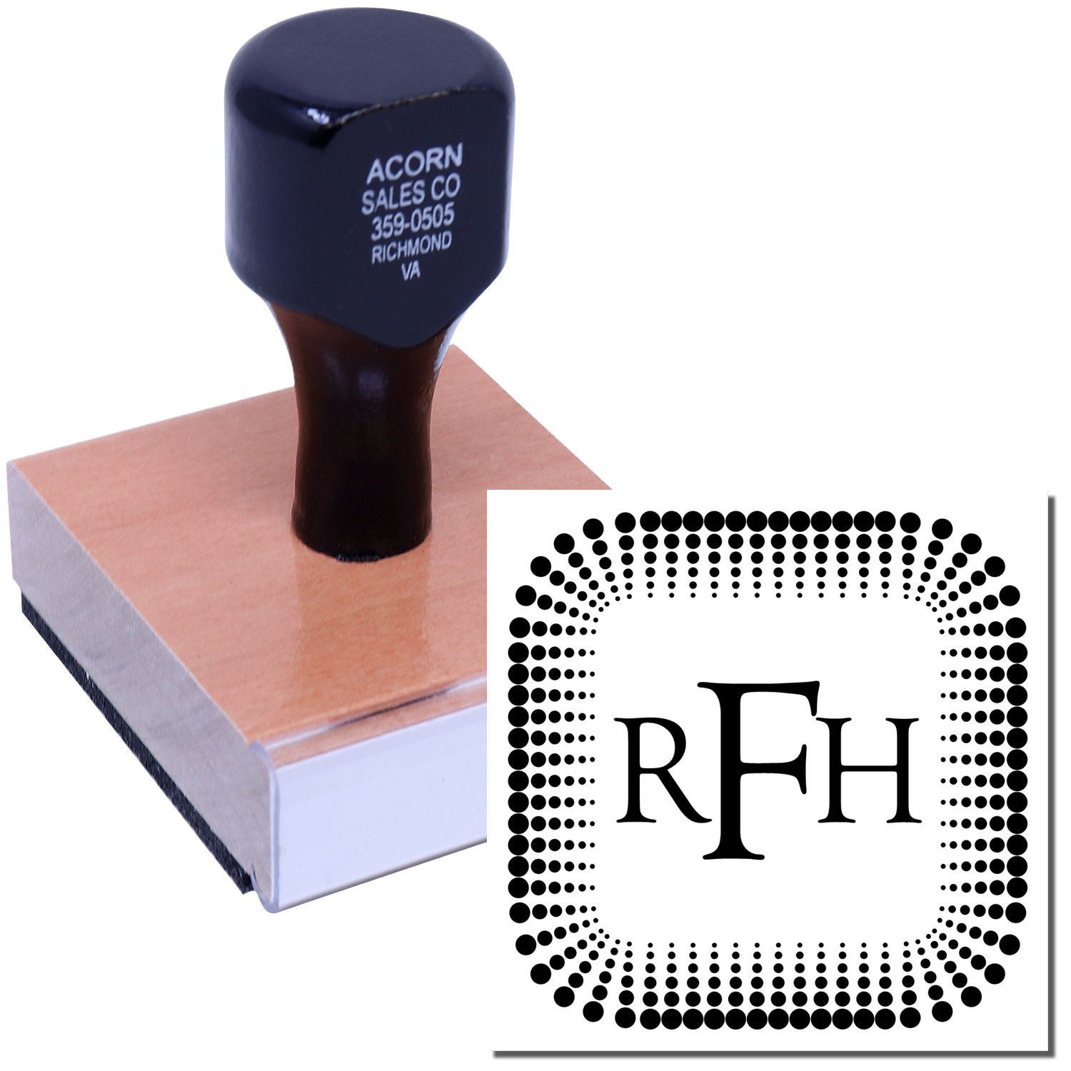 Custom wood-handled rubber stamp with RFH logo, ideal for branded business marking.
