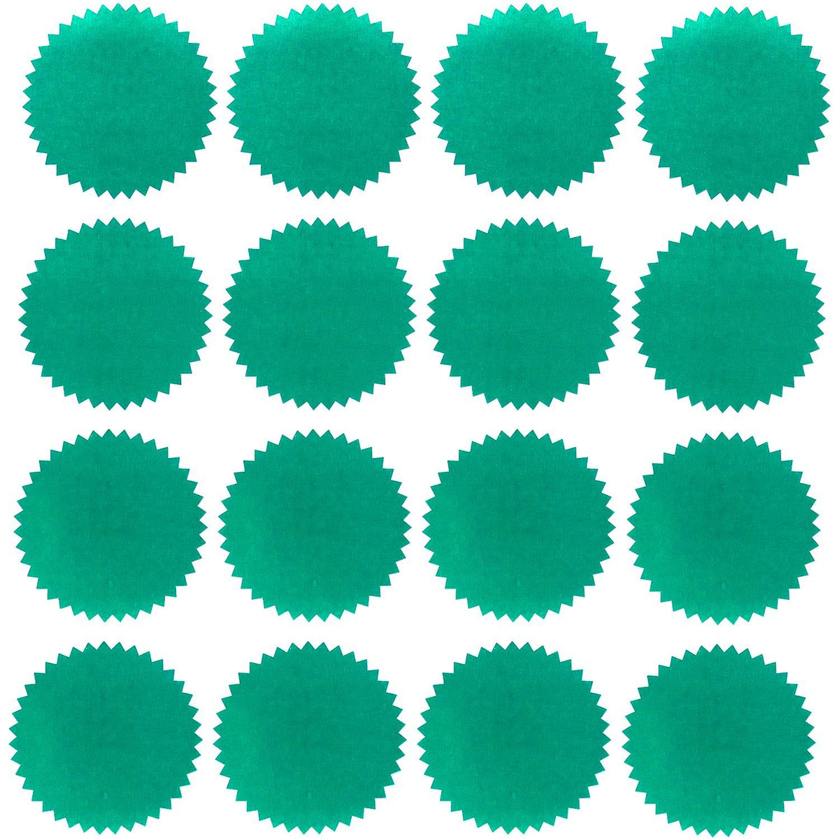 Set of 16 teal scalloped circle labels or stickers arranged in a grid on a white background