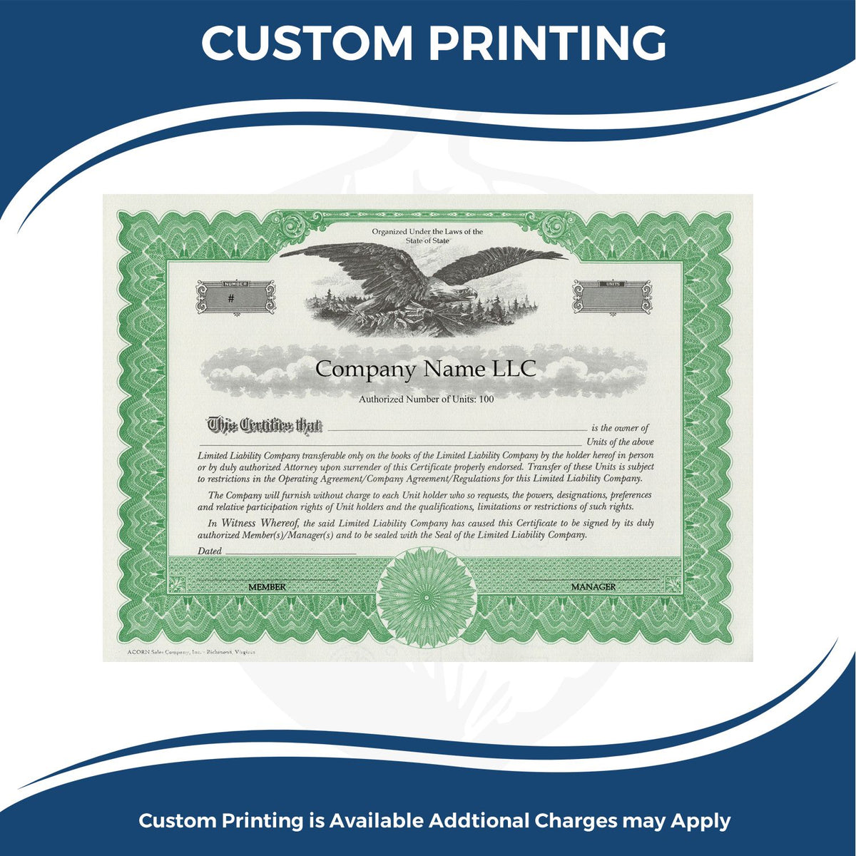 Custom printing sample: LLC certificate with company name and authorized unit number, designed for business legal documents.