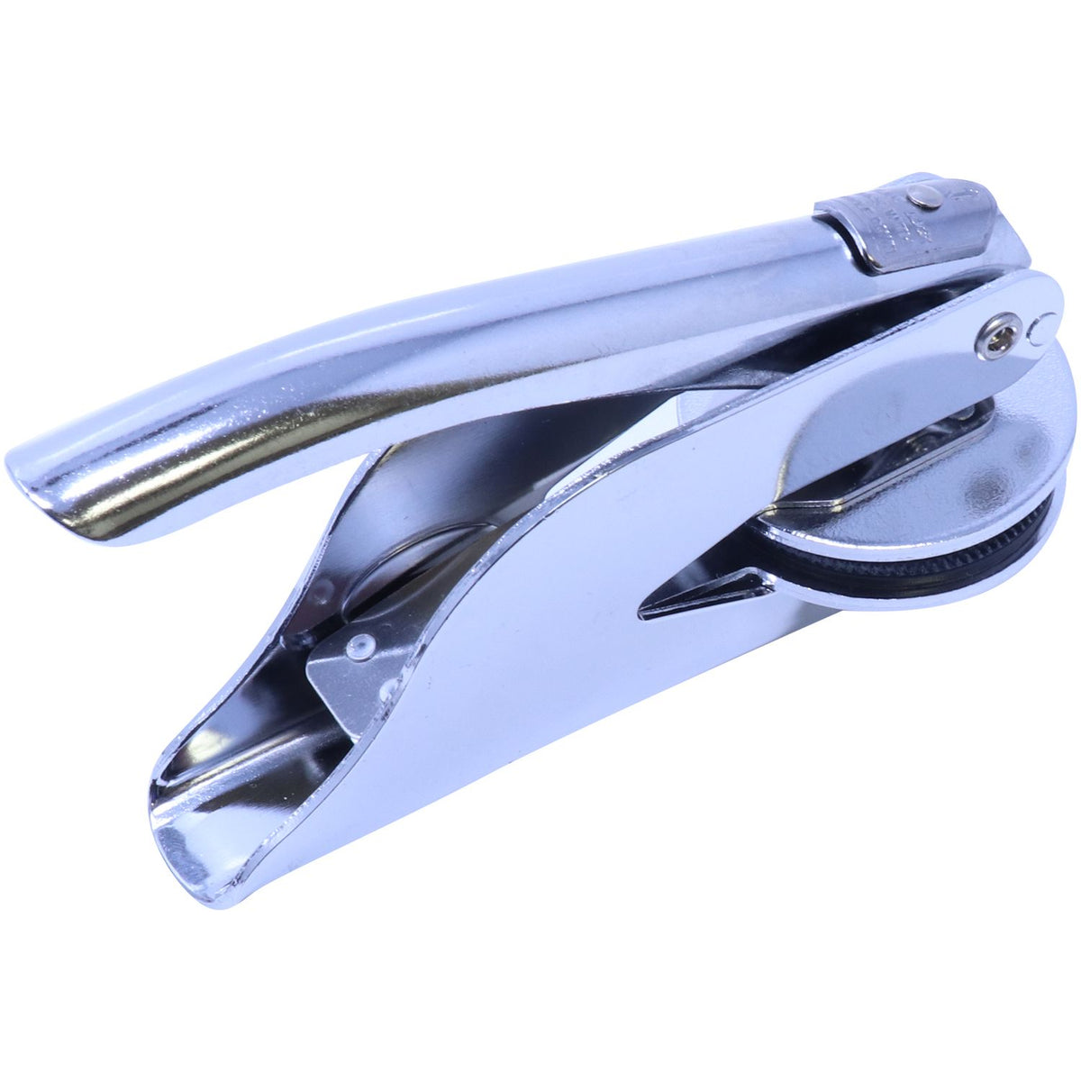 Chrome metal clip with roller wheel isolated on white background, product close-up
