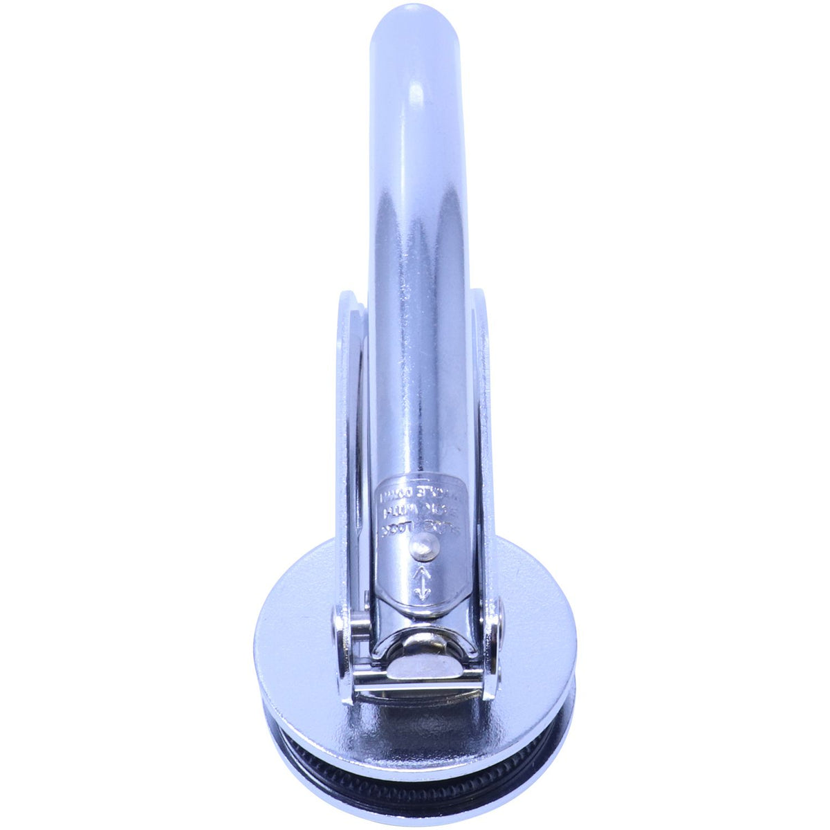 Chrome metal lever tool with round base on a white background