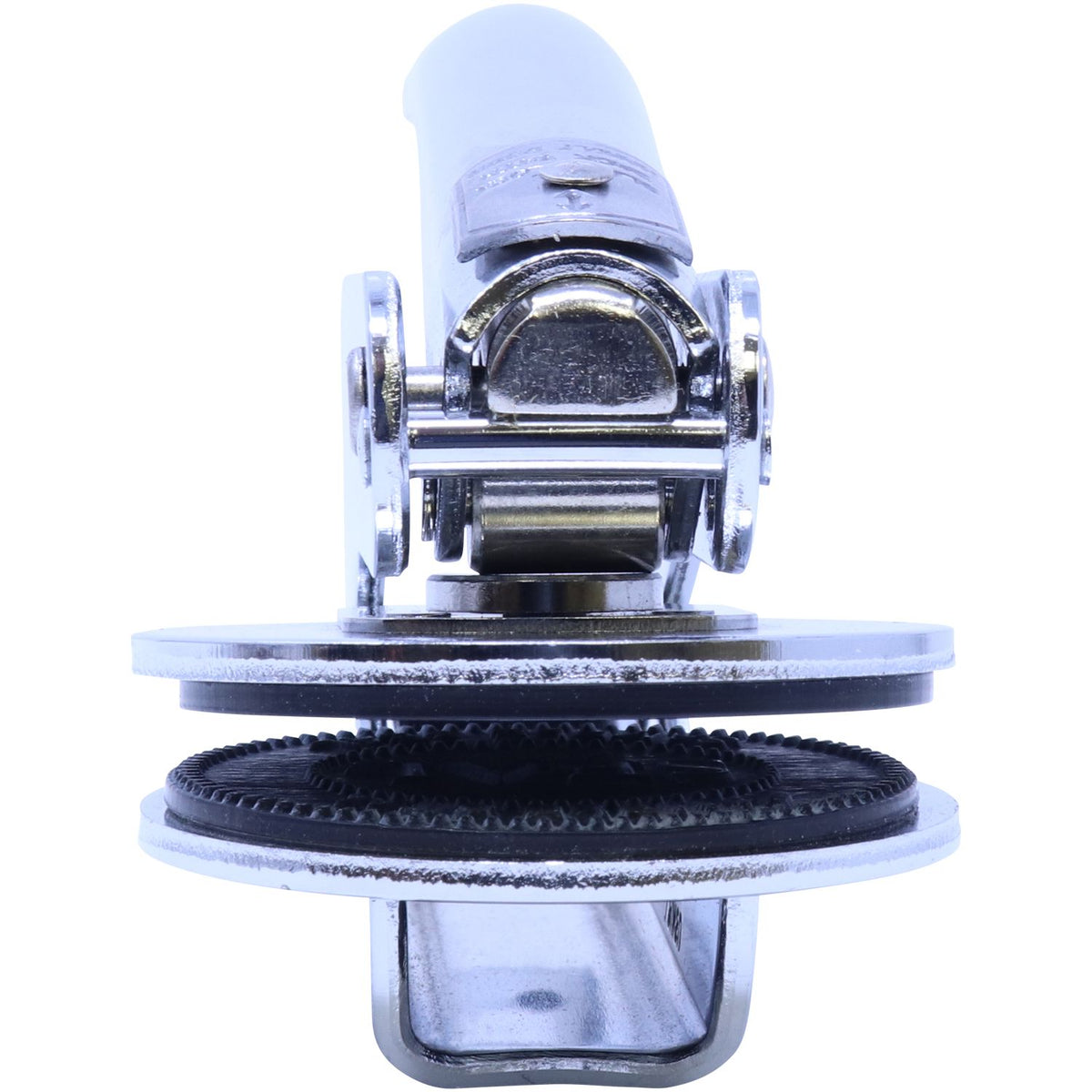 Close-up of automotive halogen headlight bulb base with metal mounting bracket and rubber gasket.