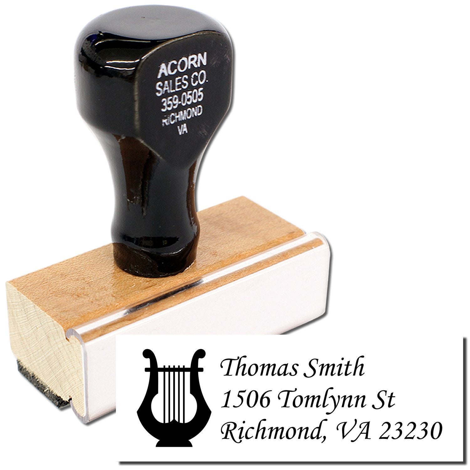 Custom return address rubber stamp with lyre design for Thomas Smith, Richmond VA 23230 on a wooden self-inking style block