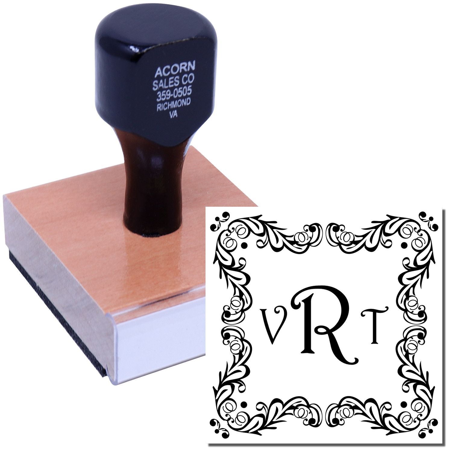 Custom wooden rubber stamp with ornate monogram design for personalized stationery, wedding invitations, and branding.