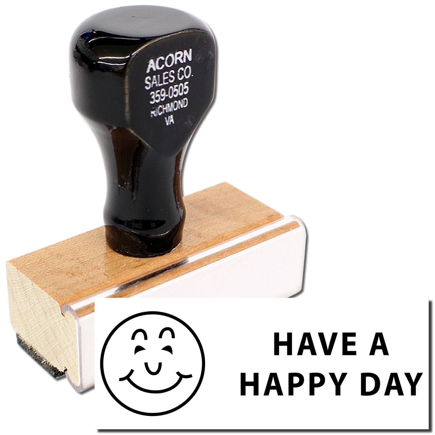 Black golf club head on wooden base with Have a Happy Day sign, product promo for Acorn Sales Co.