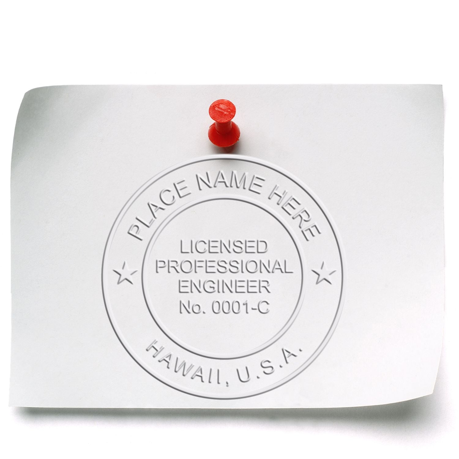 White paper with embossed licensed professional engineer seal, red pushpin, and Hawaii, U.S.A. placeholder stamp.