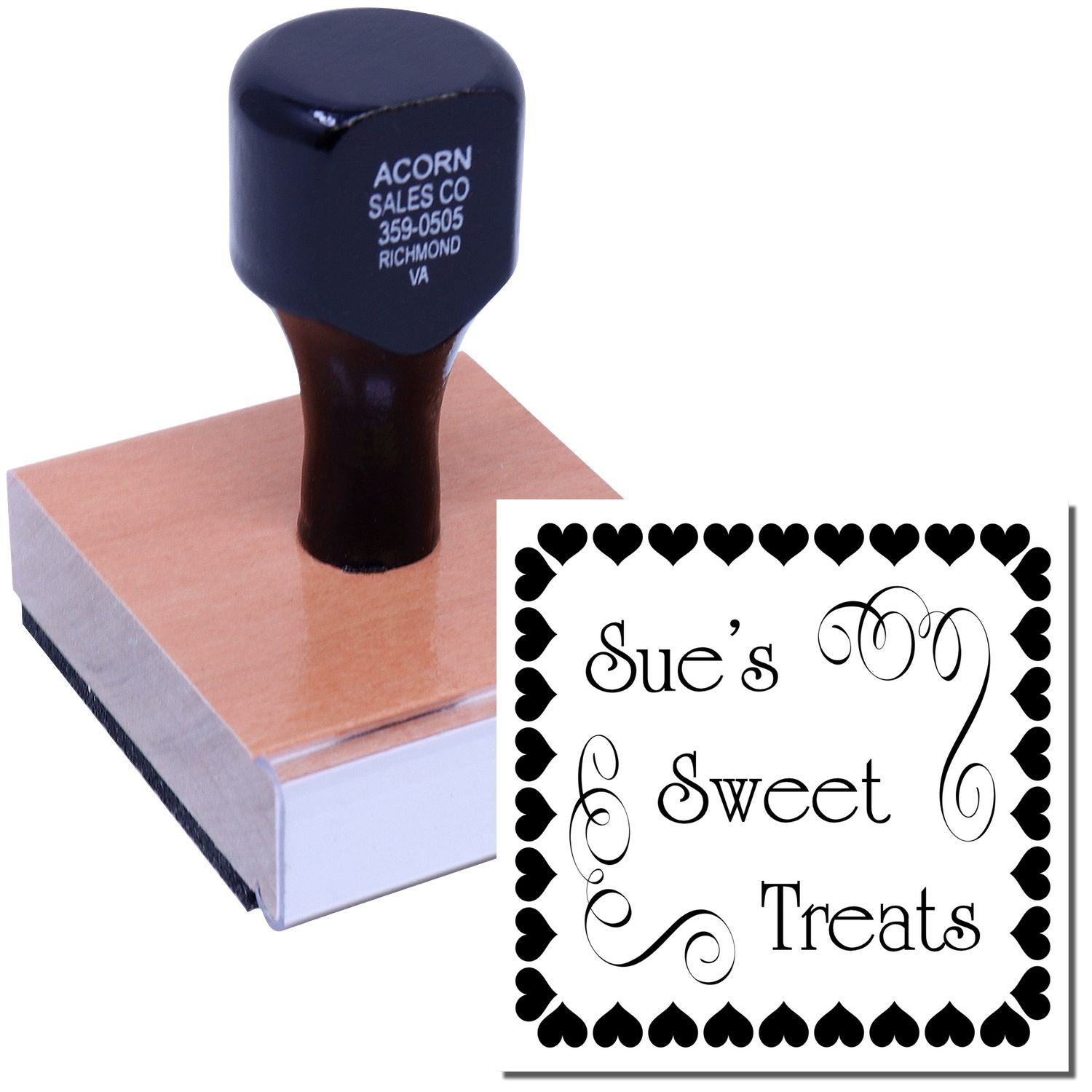 Custom rubber stamp for Sues Sweet Treats bakery logo, featuring a heart border for packaging, cards, and branding.