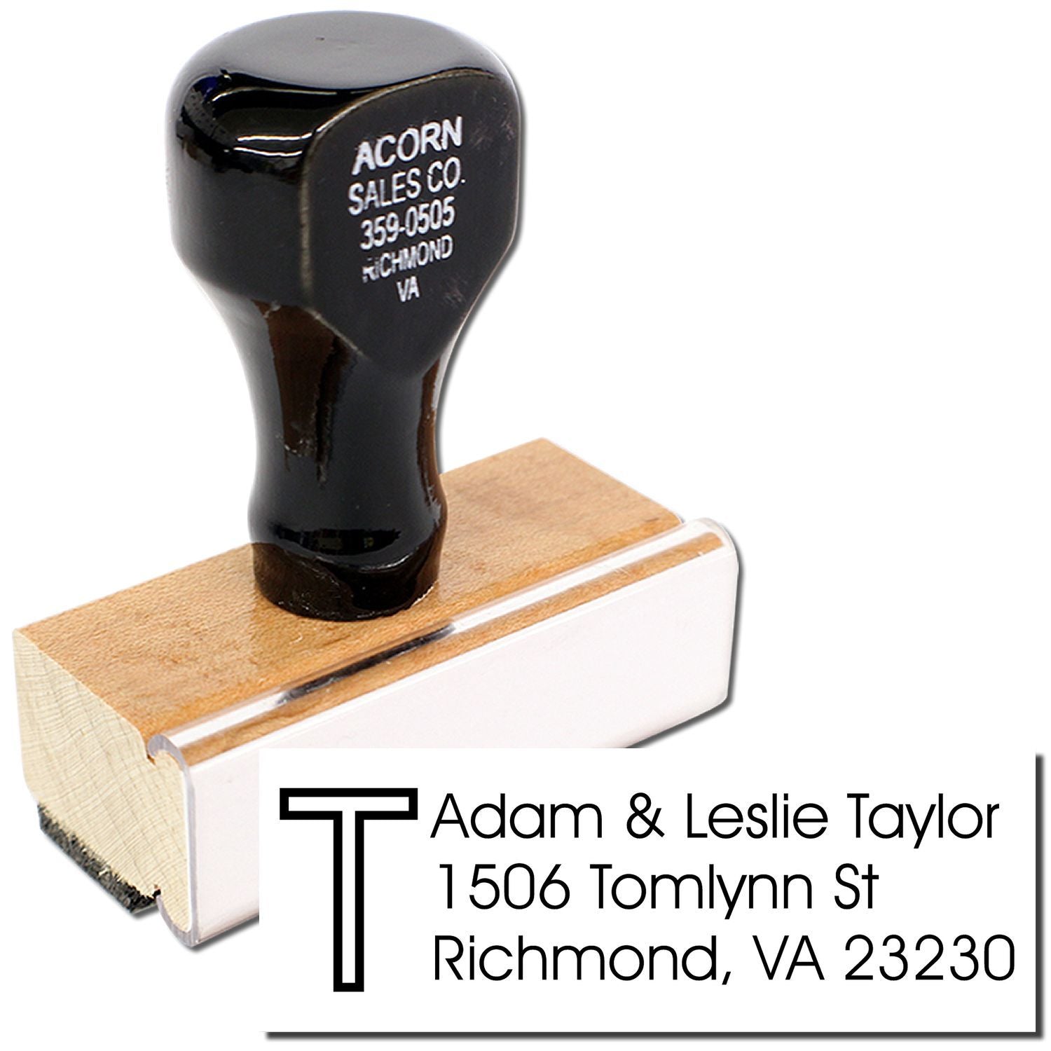 Custom return address rubber stamp with monogram for Adam & Leslie Taylor, Richmond, VA 23230.