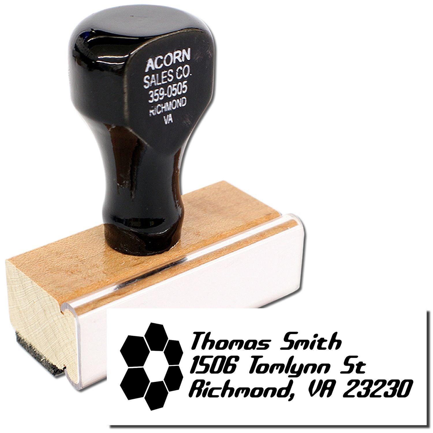 Custom wood handle rubber stamp with business logo and return address imprint for mailing, branding, and office use.