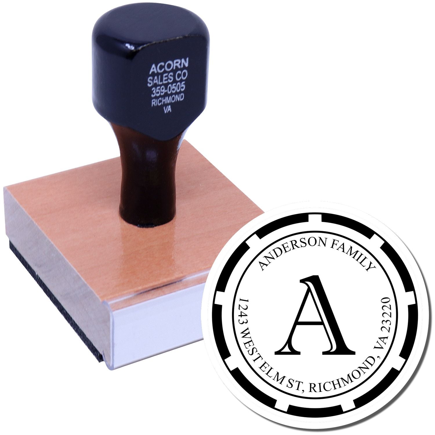 Custom rubber stamp with wood handle and personalized family address monogram seal for stationery and mailing.