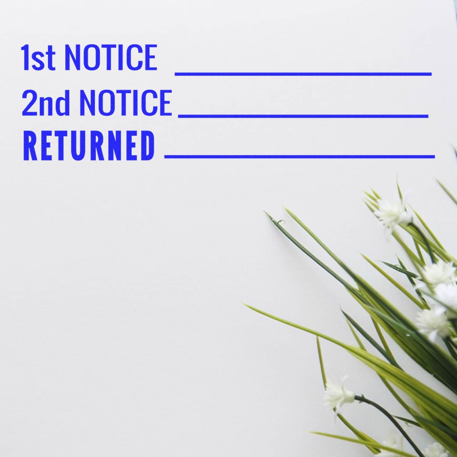 Blue first notice, second notice, and returned labels on white paper with floral accents.