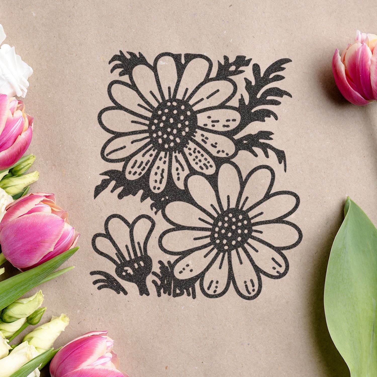 Black floral line art on kraft paper with pink and white tulips, elegant spring flower design background.