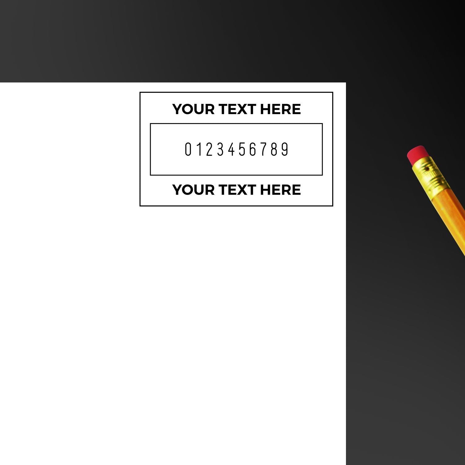 Editable design template banner with Your Text Here, numeric placeholder 0123456789, and pencil on a dark background for mockups