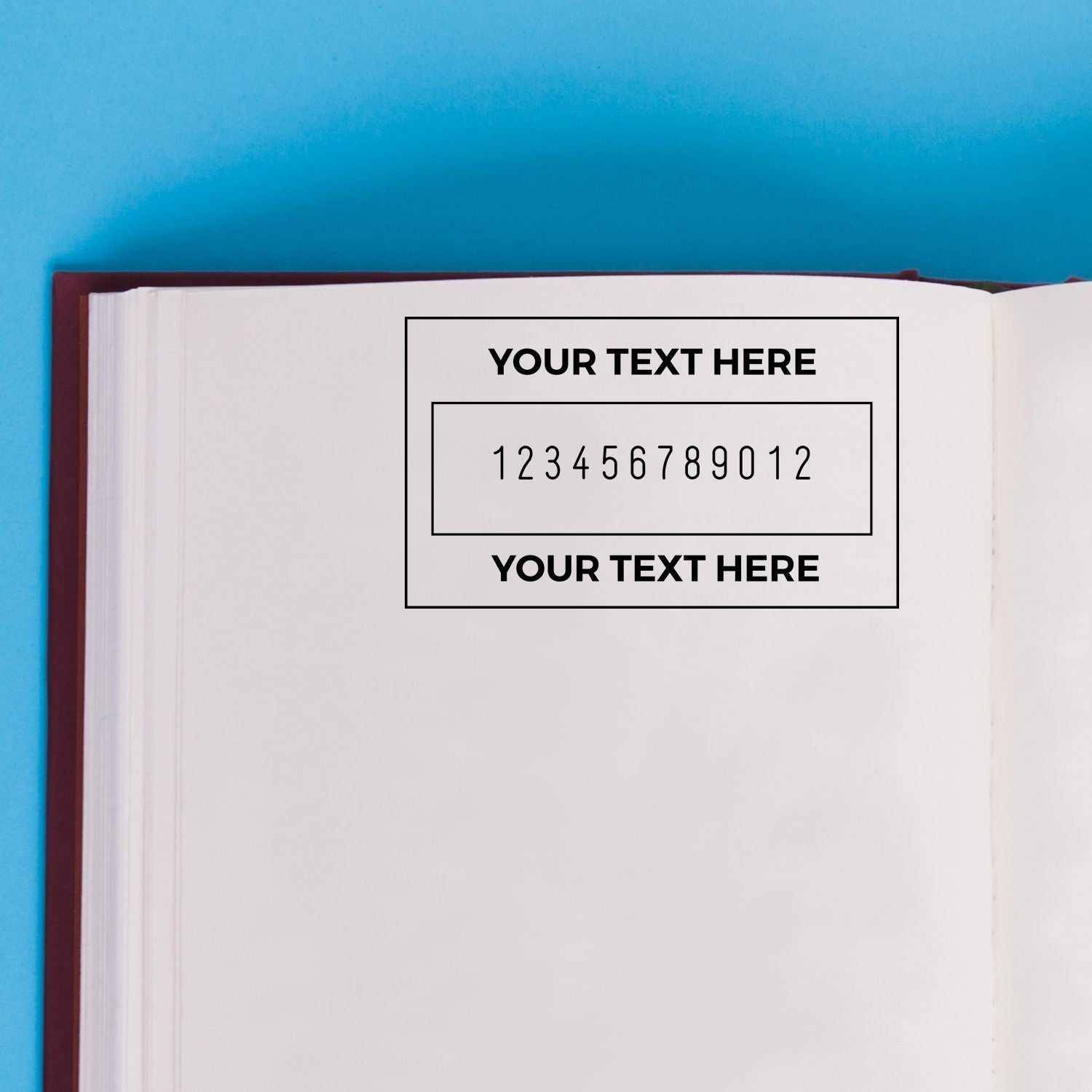 Open book with customizable template text box placeholder for promotional callouts and contact numbers on blue background