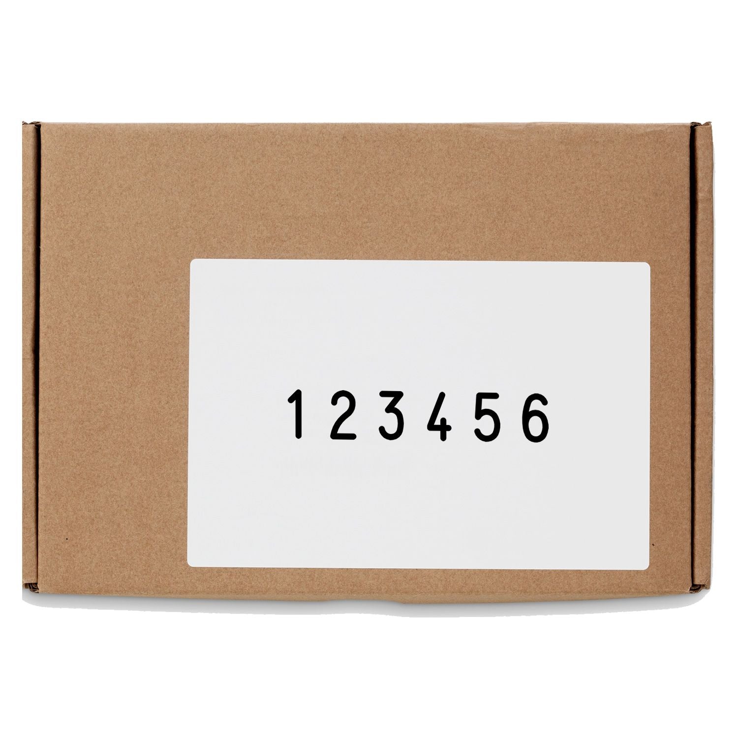 Cardboard shipping box with label 123456 showing package identifier for delivery and tracking