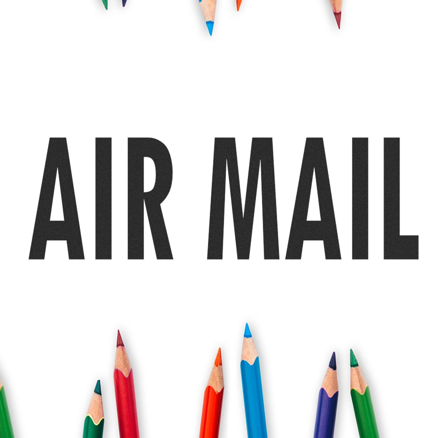 Airmail themed image with bold AIRMAIL text and colored pencil tips, representing shipping and writing.