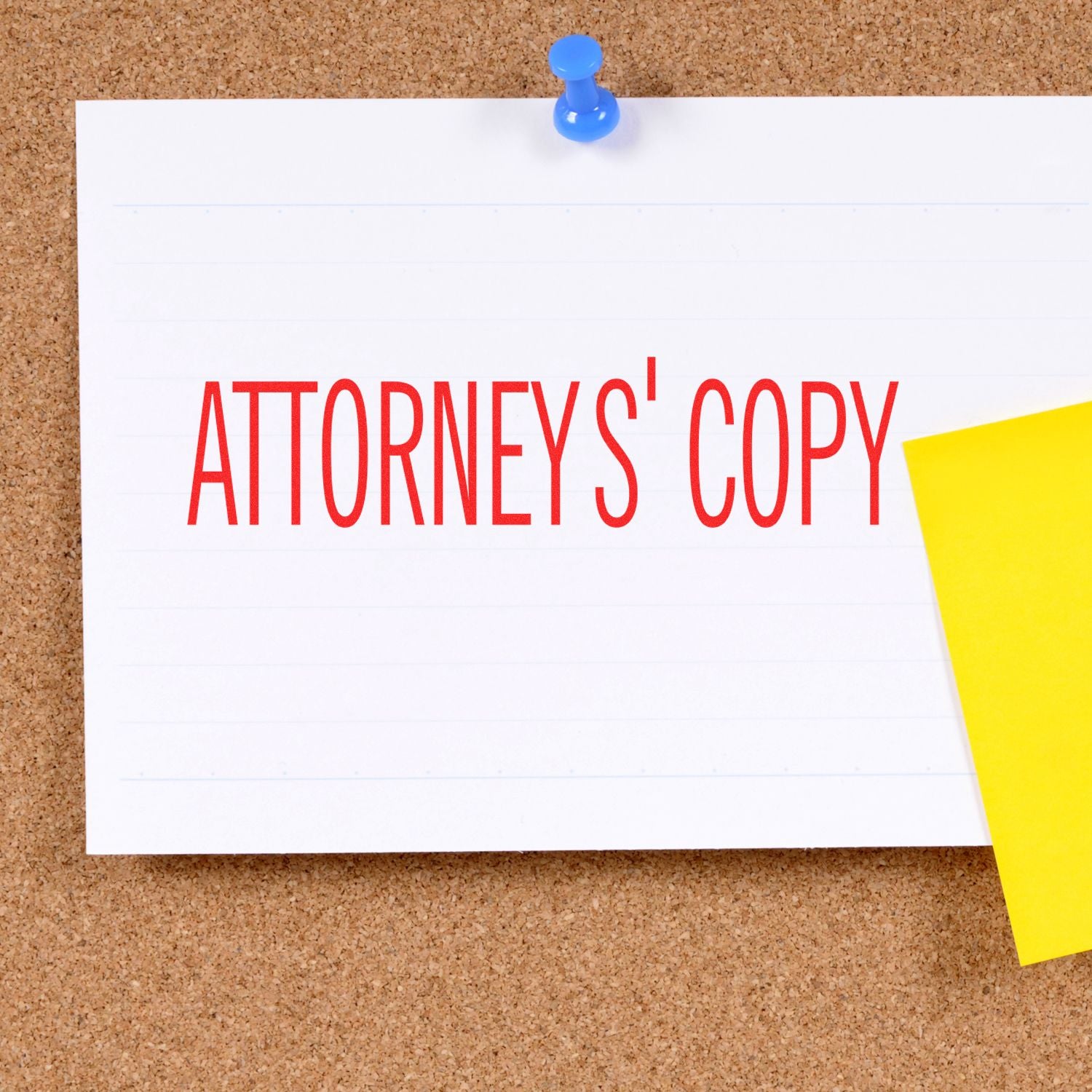 Attorneys copy legal document pinned on a cork bulletin board with a blue push pin and yellow note.