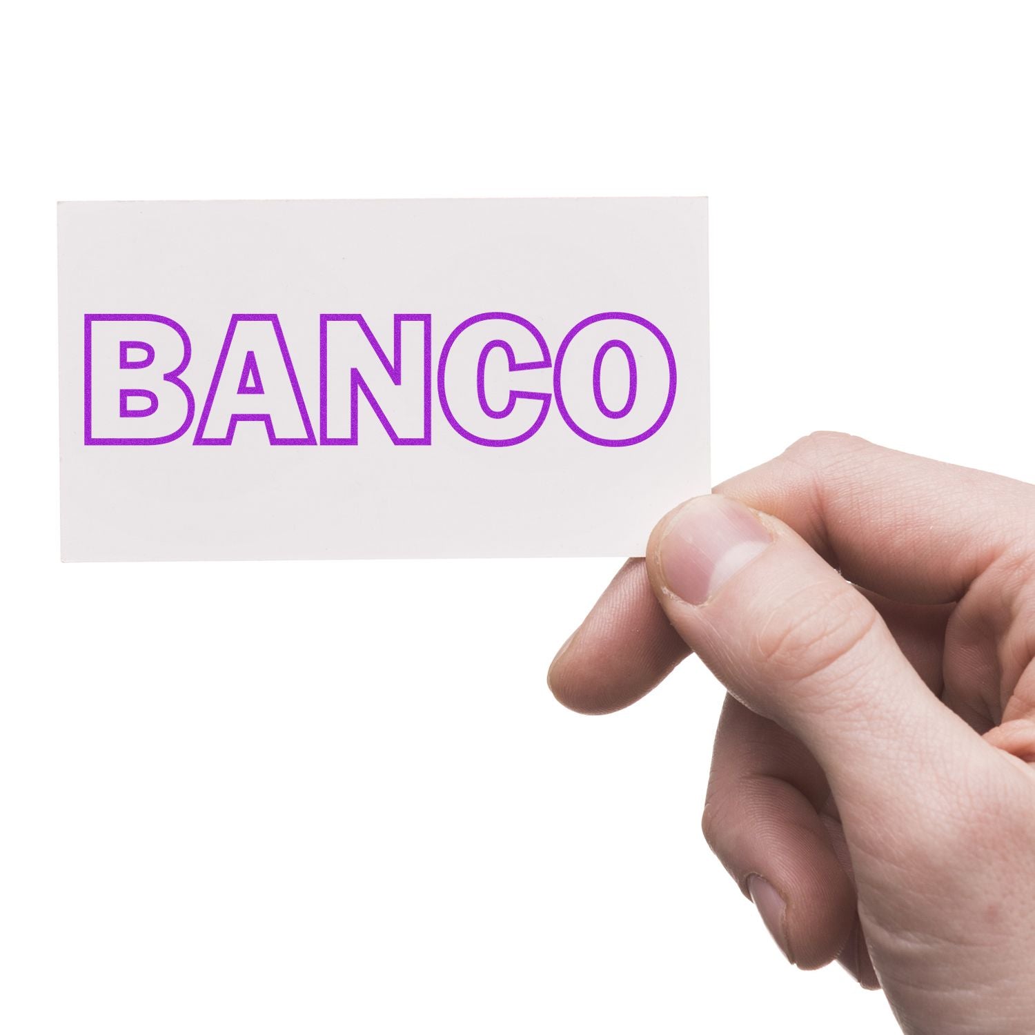 Hand holding a white card with purple BANCO text on a clean white background.