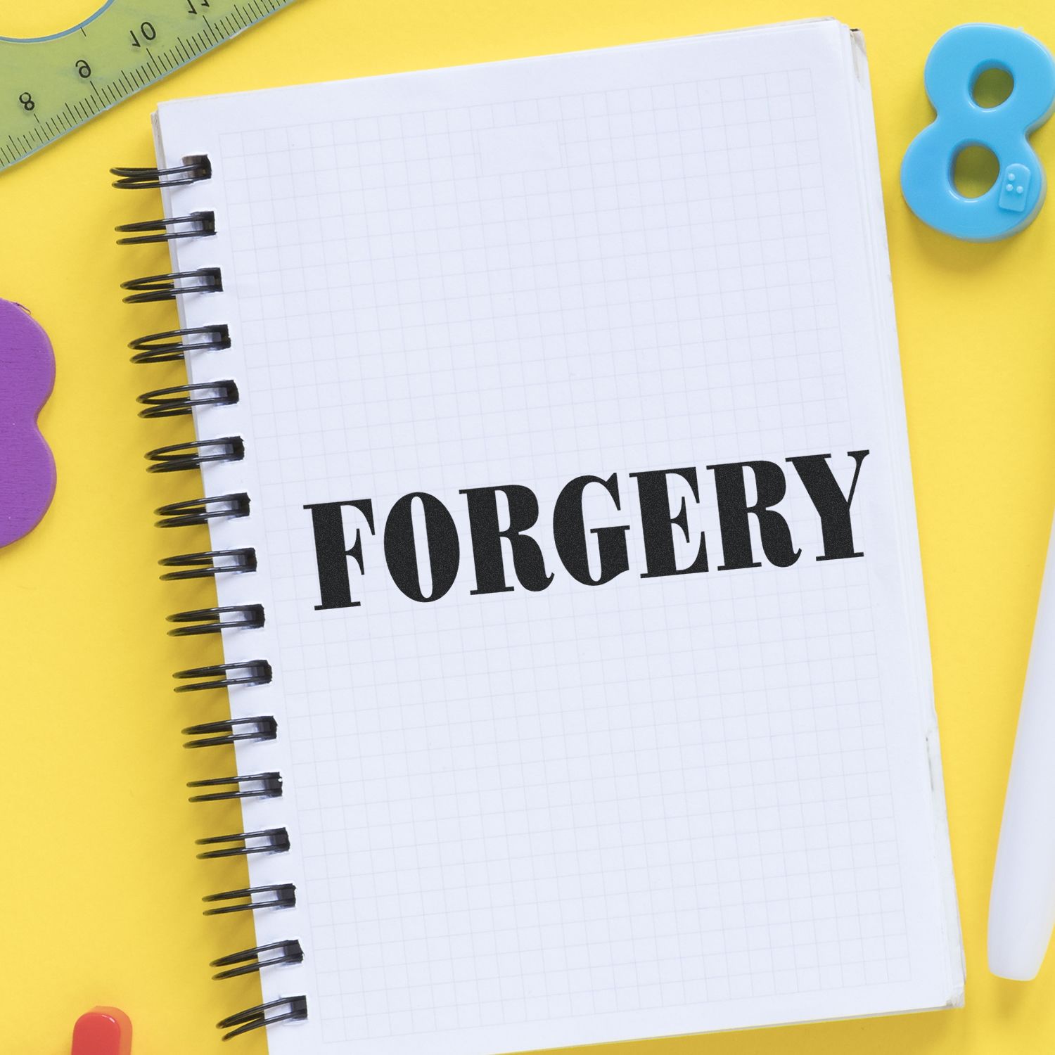 Notebook page labeled FORGERY with office supplies, symbolizing document forgery and fraud investigation training for legal awareness.