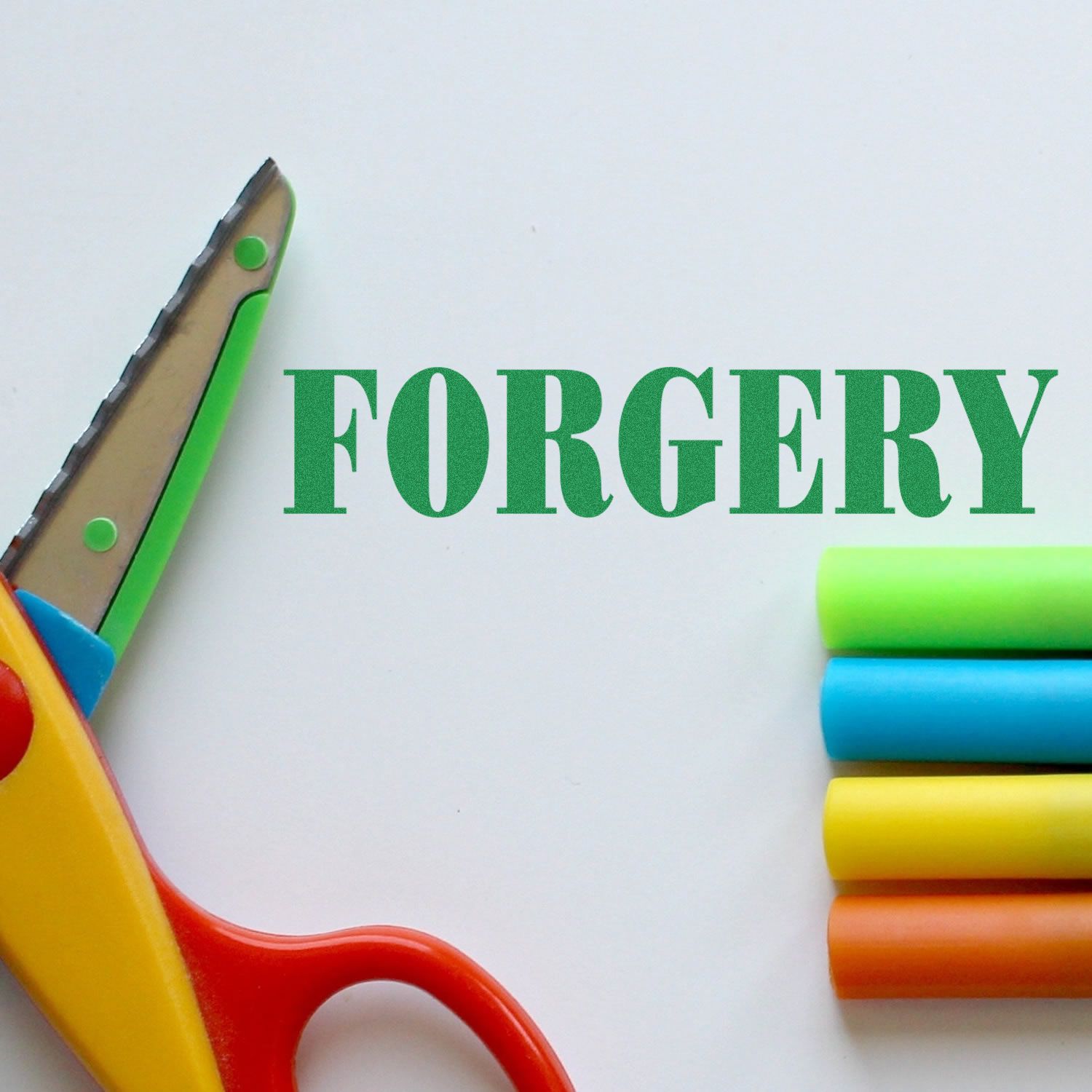 Colorful scissors and markers around the word forgery on a white background, concept of fake documents and counterfeiting.