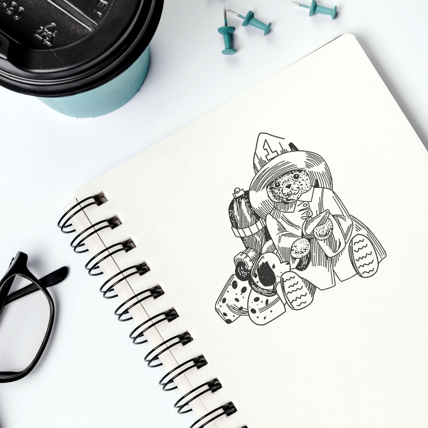 Open sketchbook with black spiral binding and doodle illustration, ????? with coffee cup, glasses, and teal push pins on a clean white desk.